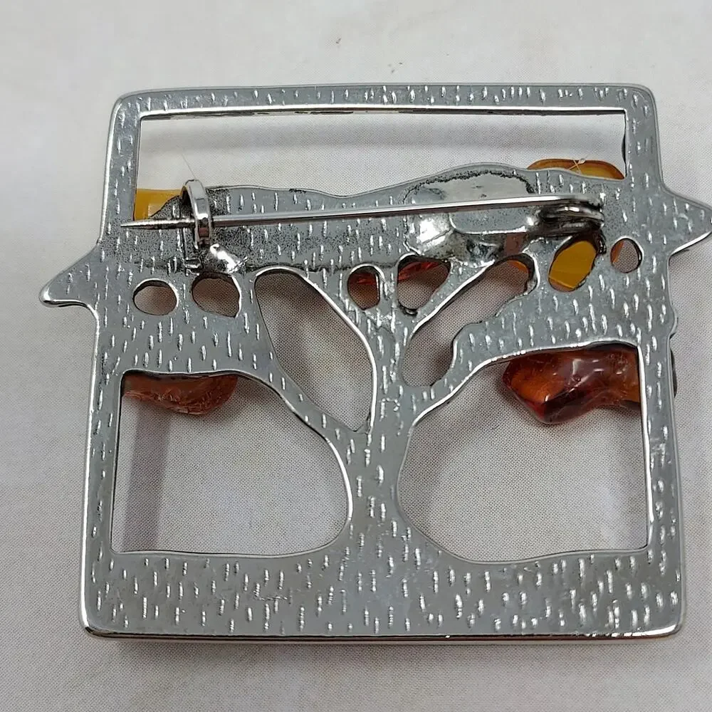 Natural Amber Tree of Life Brooch Silver Tone 1.5
